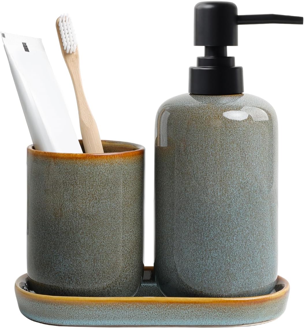 INGOFIN Ceramic Bathroom Accessories Set, Soap Dispenser &Toothbrush Holder