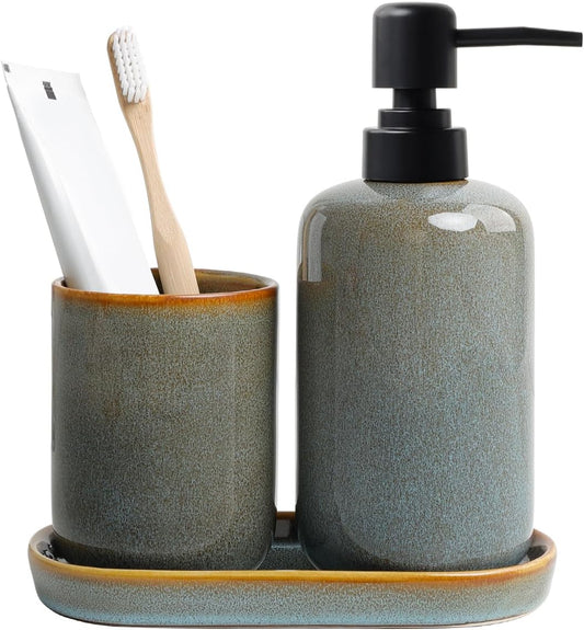 INGOFIN Ceramic Bathroom Accessories Set, Soap Dispenser &Toothbrush Holder