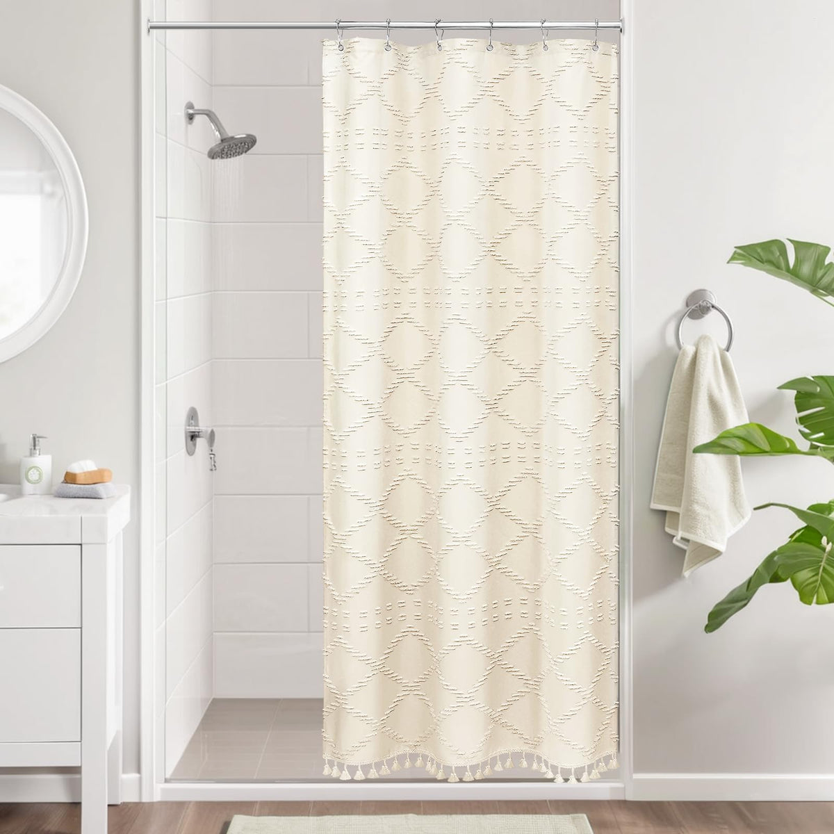 Blue Boho Woven Fabric Shower Curtain with Tassel 72 x 72, Tufted Textured