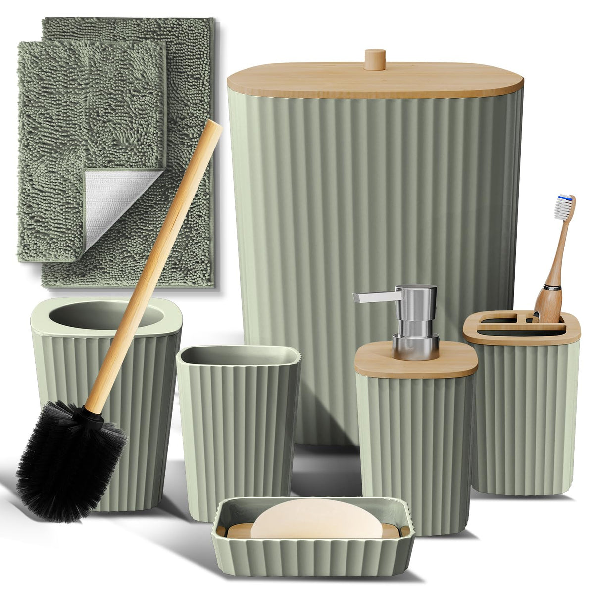 Clara Clark Bathroom Set - Sage Green Bathroom Accessories Set, 6PC Bathroom Accessory Set, Bathroom Sets with Toilet Brush, Trash Can & Soap Dispenser