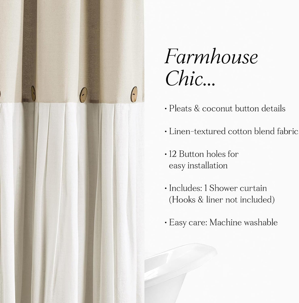 Lush Decor Linen Button Shower Curtain, 72" W x 72" L, Linen - Neural Shower Curtain Fabric - Bathroom Curtain - Farmhouse Bathroom Decor