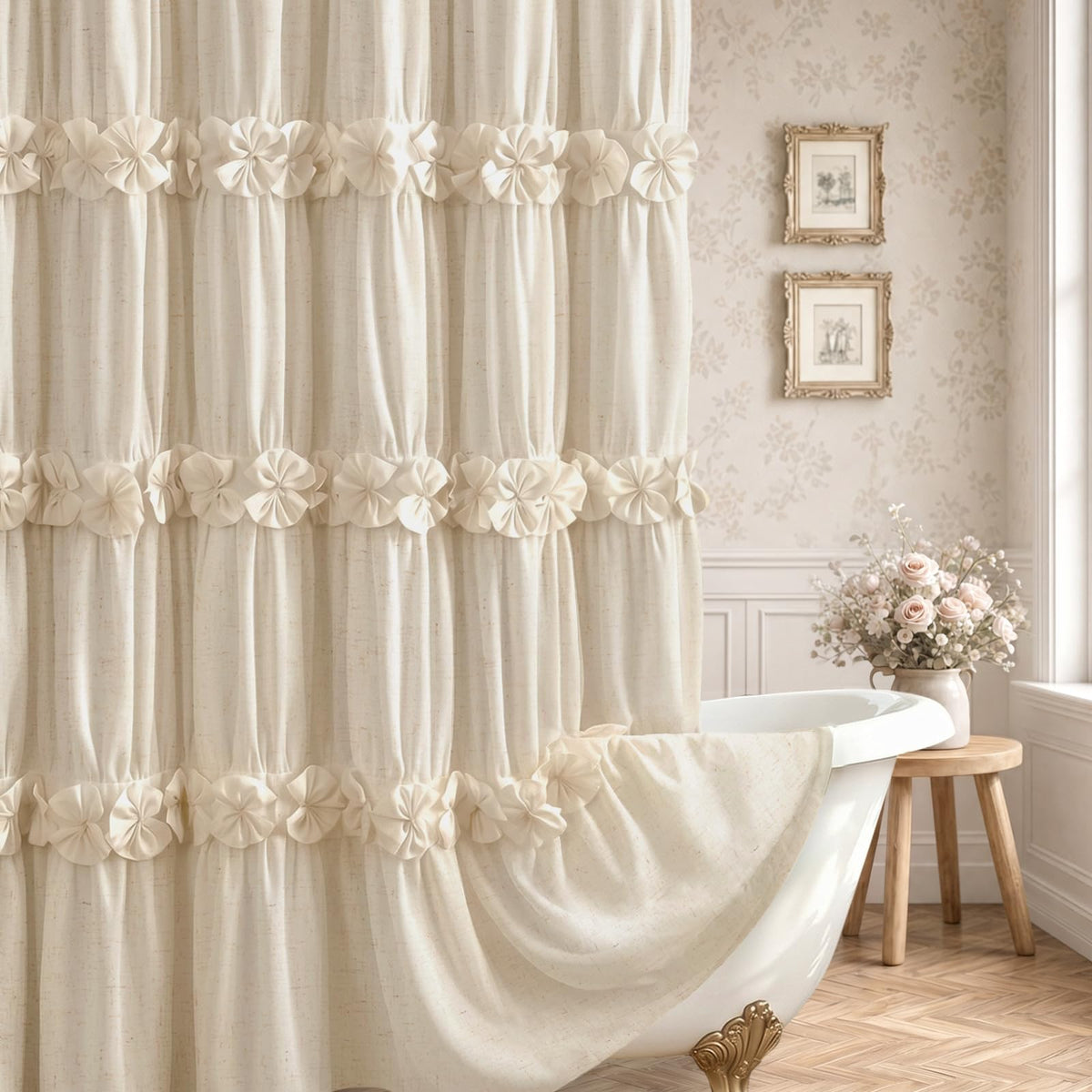 Boho Ruffle Farmhouse Fall Linen Shower Curtain Vintage Cream 72" W x 72" H