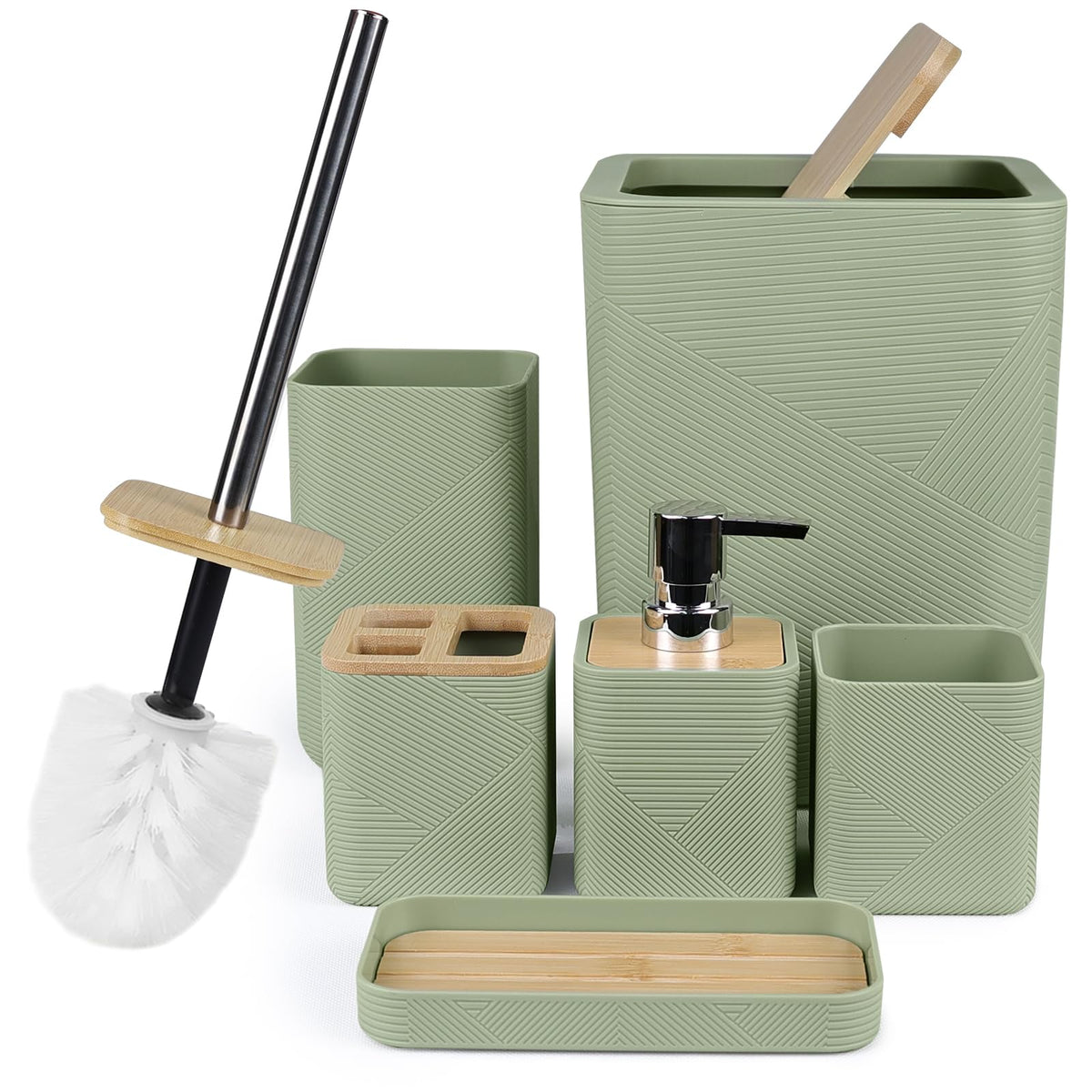 CERBIOR Bamboo Bathroom Accessories Set 6 Piece Square Spiral Set,Green