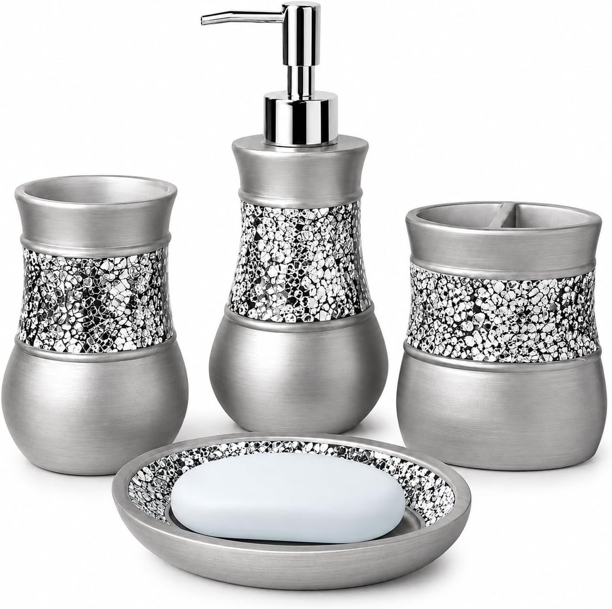 Creative Scents 4 Pc. Resin Bathroom Accessory Set | Silver Crackled Glass