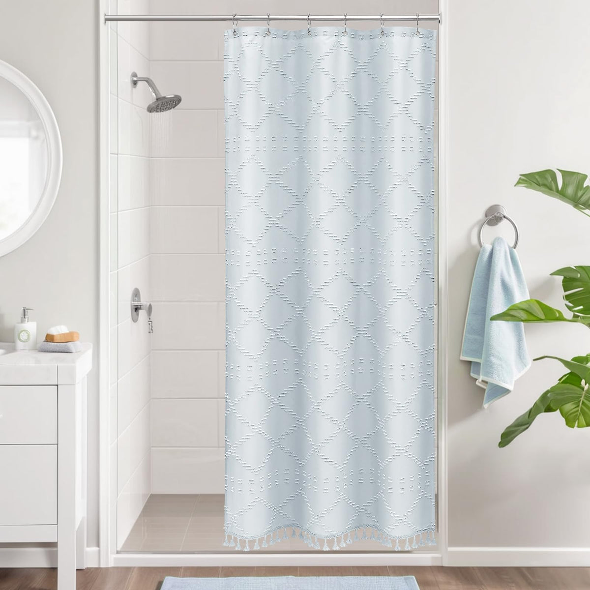 Blue Boho Woven Fabric Shower Curtain with Tassel 72 x 72, Tufted Textured