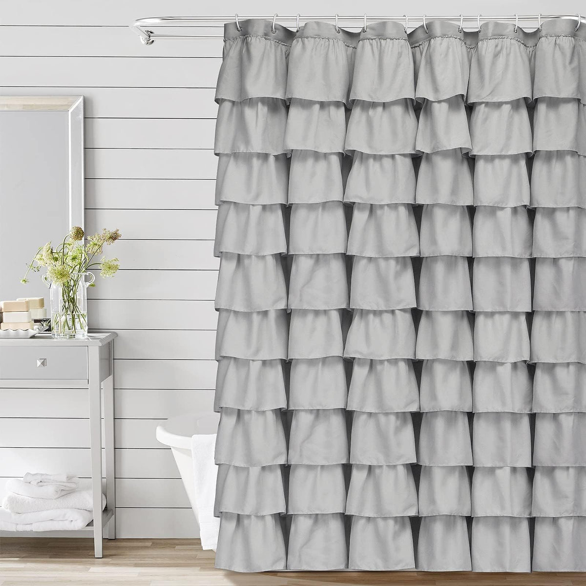 Volens White Shower Curtain Fabric Ruffle for Bathroom,72in Long