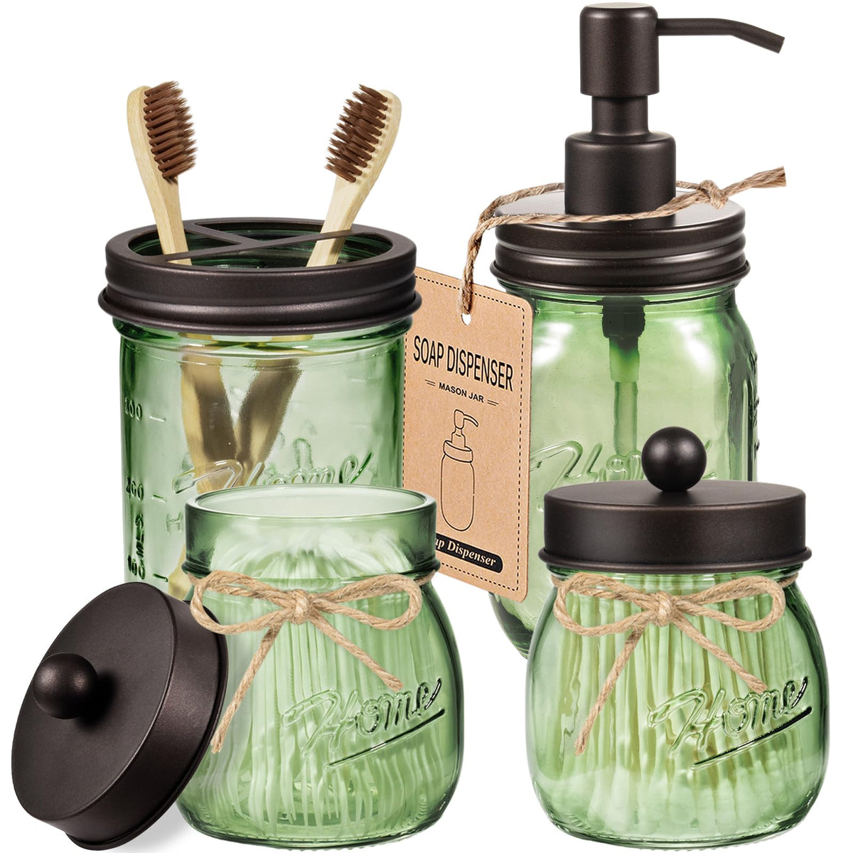 Amolliar Mason Jar Bathroom Accessories Set, 4 Pcs Green Glass Bathroom Set