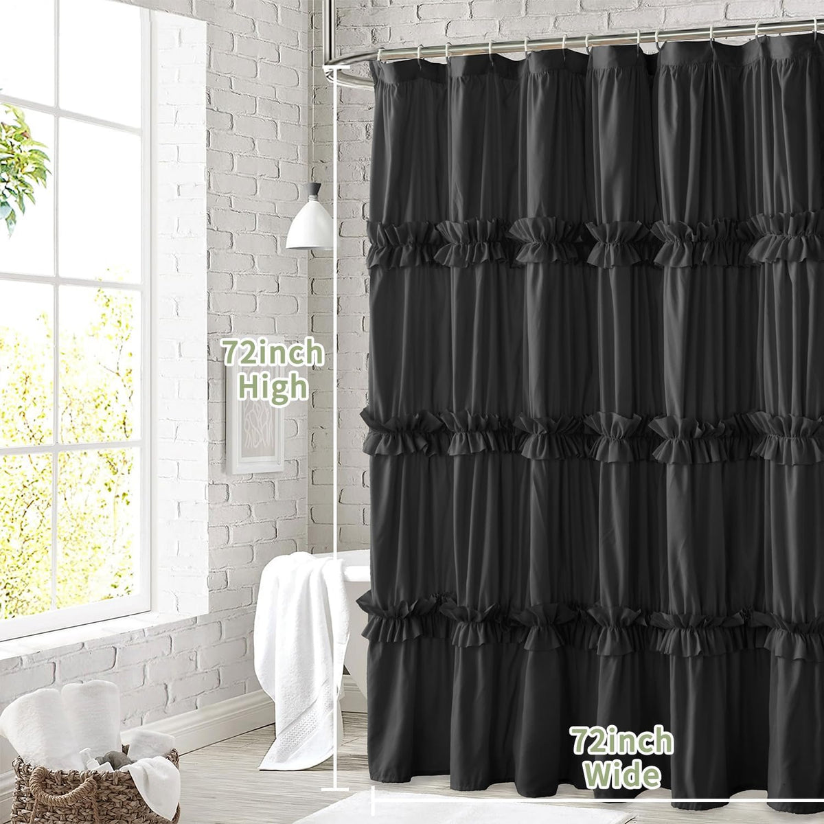 Farmhouse Ruffle Shower Curtain, Black, 72 x 72 in
