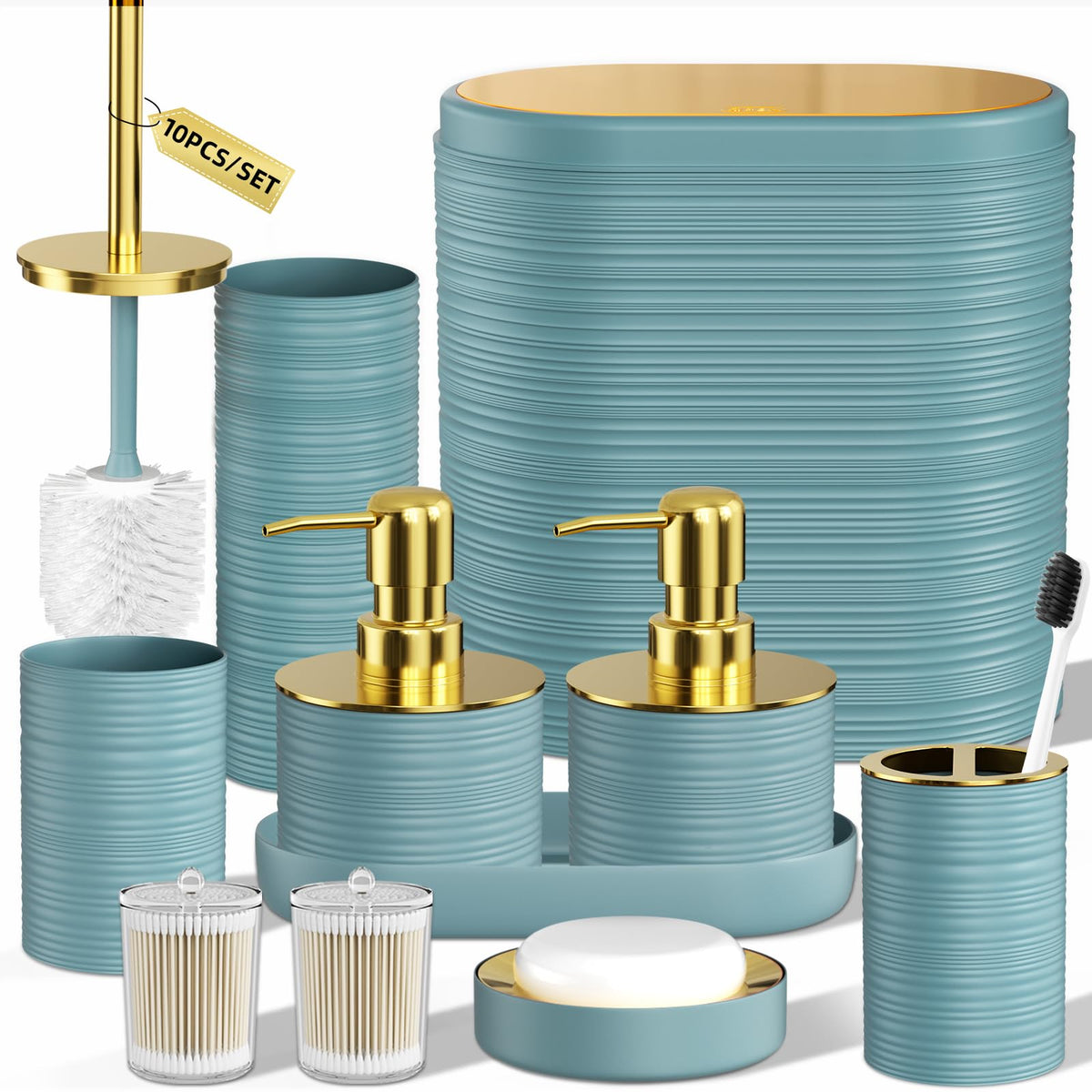 Bathroom Set, 10PC Bathroom Accessory Set, Black Bathroom Accessories, Black and Gold Bathroom Set with Trash Can, Soap Dispensers