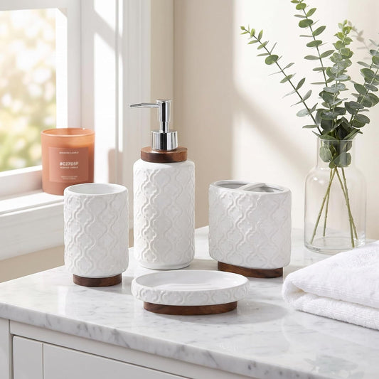 RQYIXI Ceramic Bathroom Accessories Set,White,4 Piece,Embossed Design