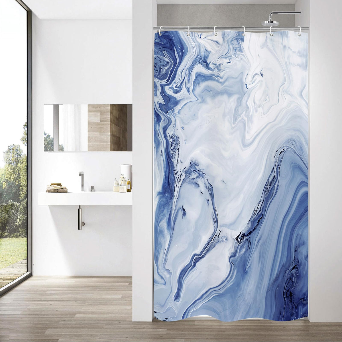 Blue Marble Fabric Shower Curtain, Abstract Watercolor, 72 x 72 Inches