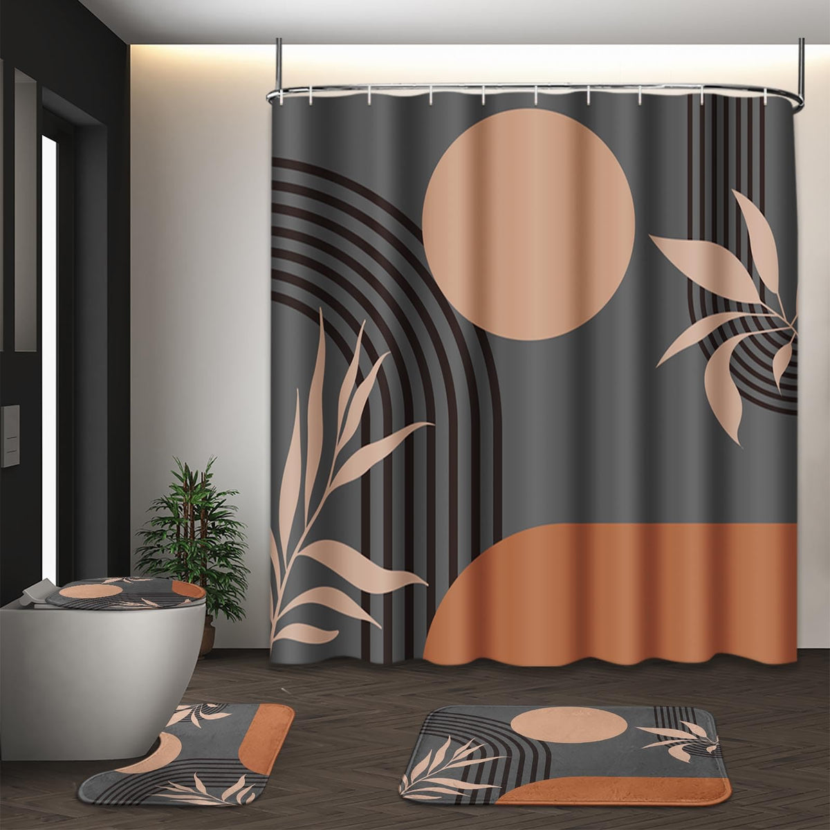 Bathroom Sets with Shower Curtain and Rugs, Set of 4, Boho Sage