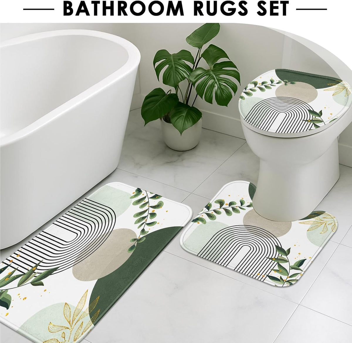 Bathroom Sets with Shower Curtain and Rugs, Set of 4, Boho Sage