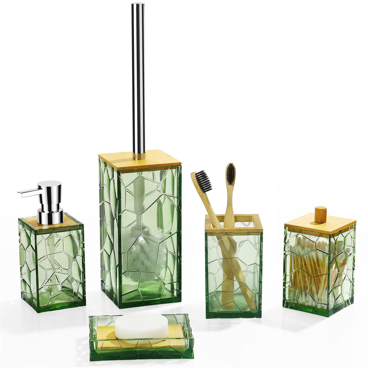 GAHEFY Teal Blue Beach Bathroom Accessories Set, Toothbrush Holder, Soap Dispenser, Cotton Swabs Holder, Soap Dish, Toilet Brush with Holder, Boho Bamboo Bathroom Decor,Acrylic (Teal)