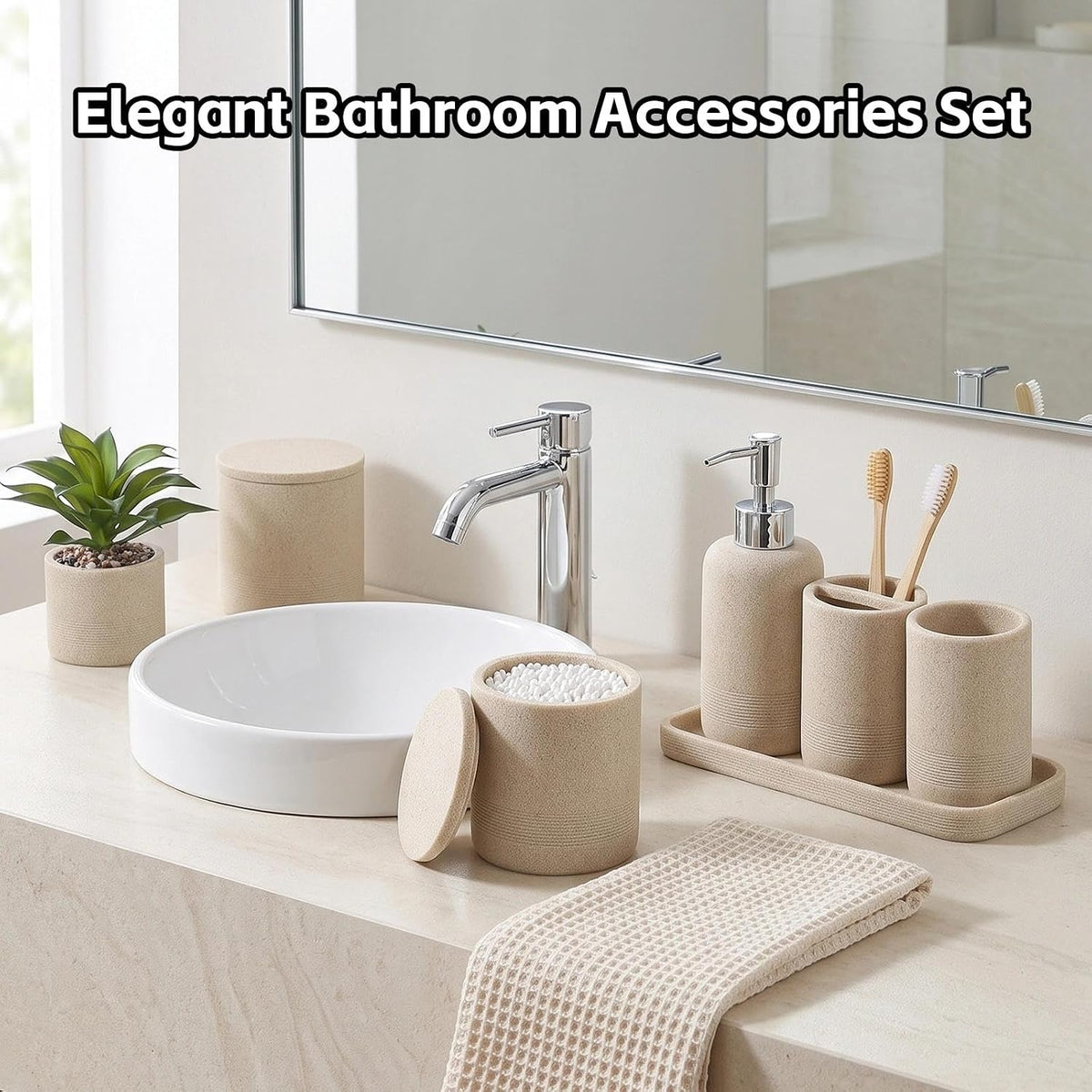 7 PCS Bathroom Accessories Set, Sandstone Look Bath Storage for Home Decor