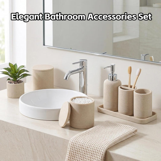 7 PCS Bathroom Accessories Set, Sandstone Look Bath Storage for Home Decor