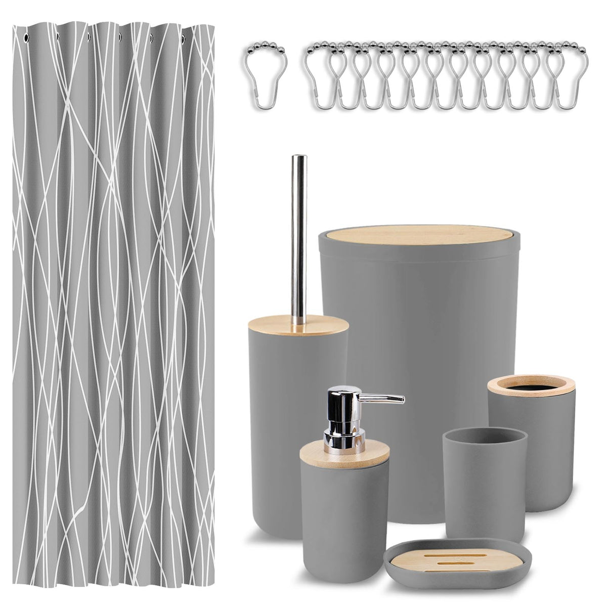 Britimes 7 Pack Bathroom Accessories Set, Shower Curtain Set, Black Striped