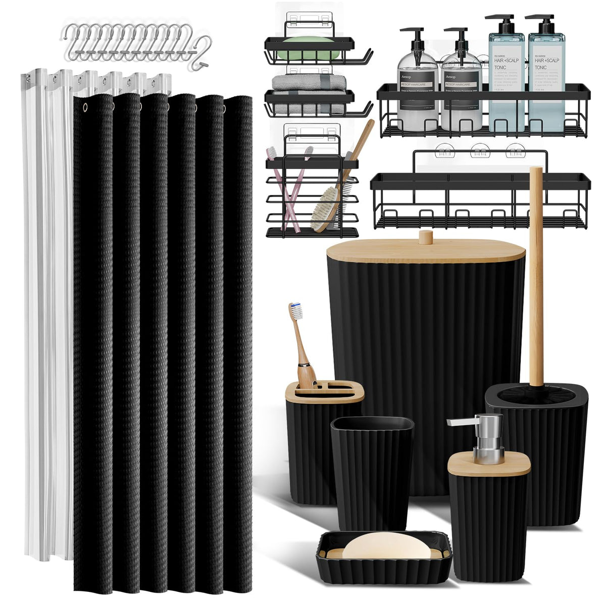 Clara Clark Black Bathroom Set, Shower Curtain Set, Bathroom Accessory Set