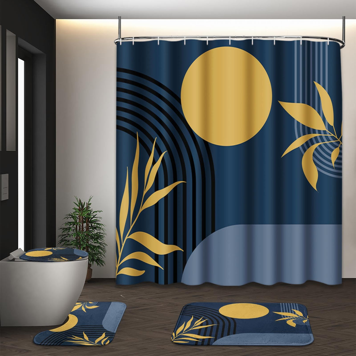 Bathroom Sets with Shower Curtain and Rugs, Set of 4, Boho Sage