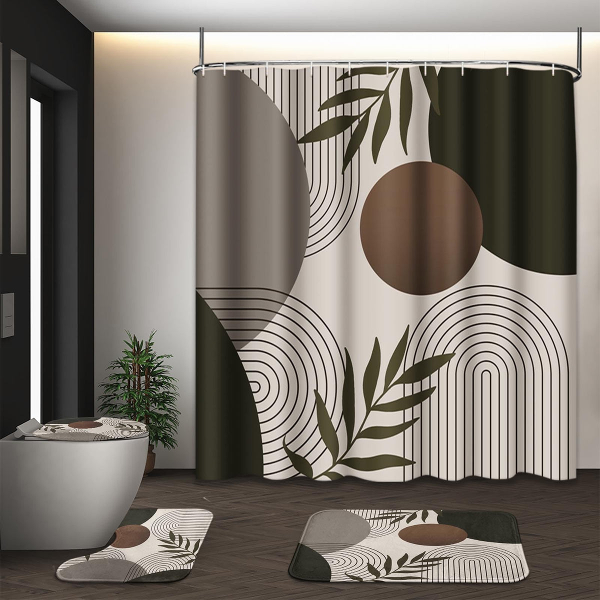 Bathroom Sets with Shower Curtain and Rugs, Set of 4, Boho Sage
