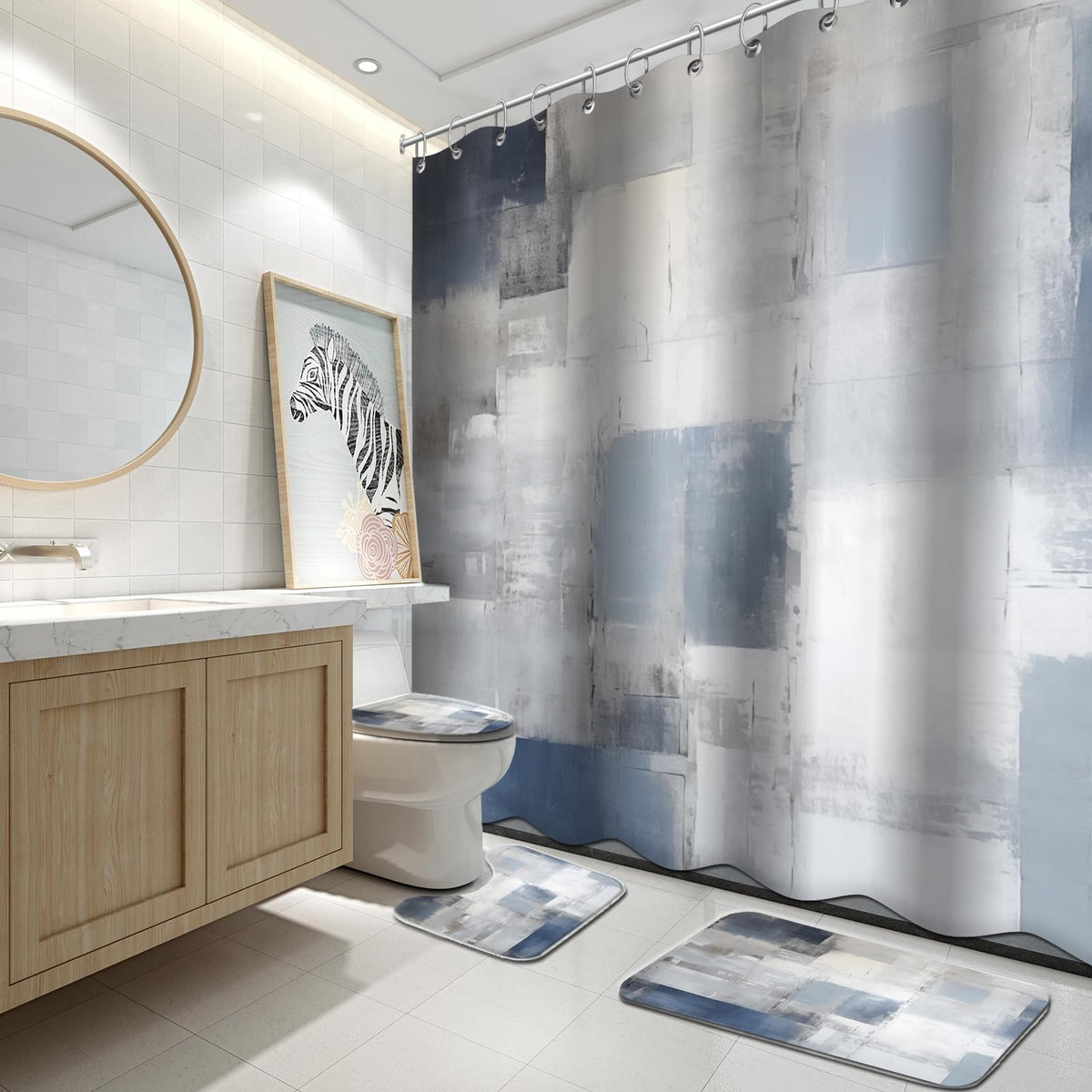 Lnond 4Pcs Bathroom Shower Curtain Sets with Rugs,Orange Modern Painting Art Bathroom Sets with Shower Curtain and Rugs and Accessories