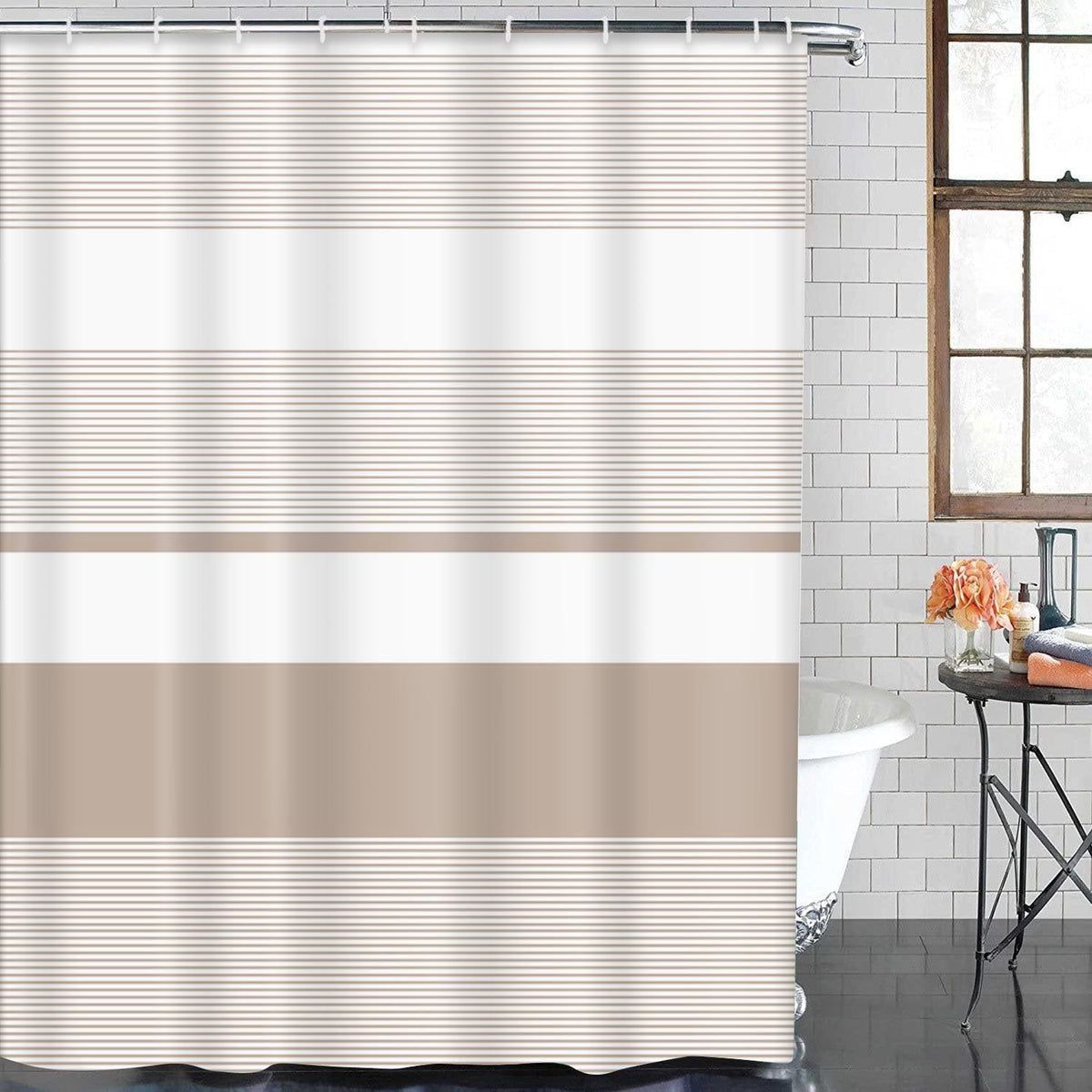 ArtSocket Bathroom Set of 3, Shower Curtain and Bath Rugs Beige Striped