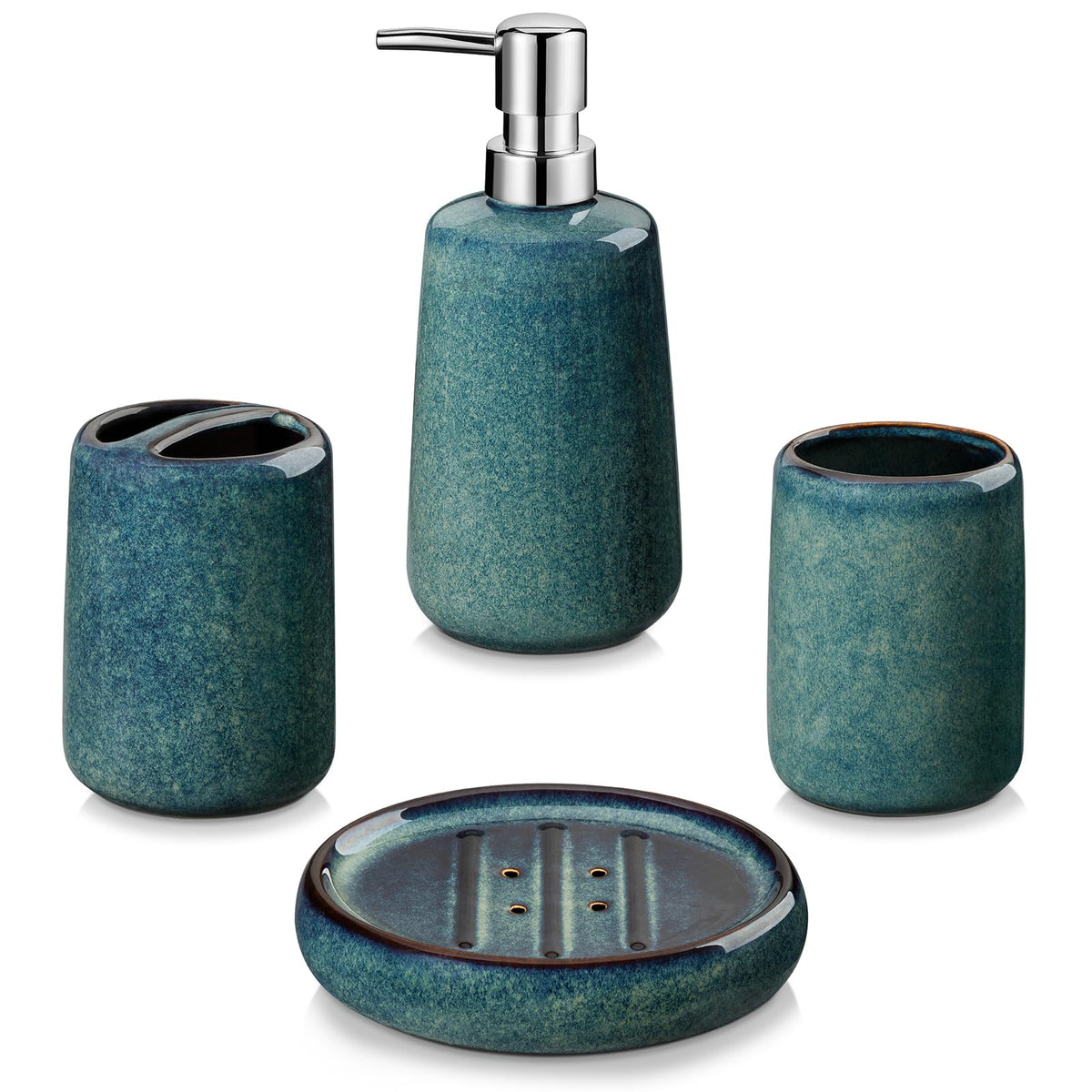 vancasso Green Bathroom Accessories Set, Ceramic Soap Dispenser and Toothbrush Holder Sets, Stoneware 4 Pcs Bathroom Sink Set for Modern Home Decor, Series Starry