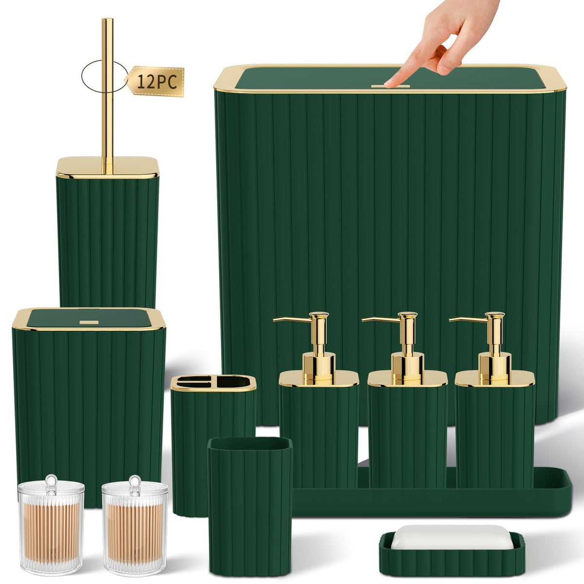 Bathroom Sets with Shower Curtain and Rugs - Elegant Bathroom Set, 27PC Bathroom Accessories Set, Green Bathroom Set, Mini Trash Can, Toilet Brush, Trash Can & Soap Dispenser