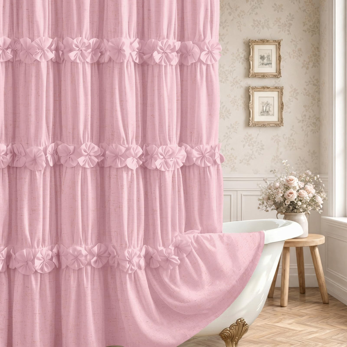 Boho Ruffle Farmhouse Fall Linen Shower Curtain Vintage Cream 72" W x 72" H