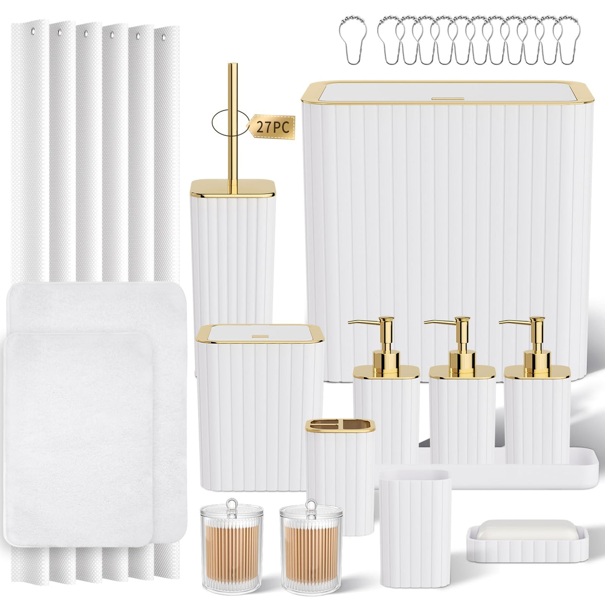 Bathroom Sets with Shower Curtain and Rugs - Elegant Bathroom Set, 27PC Bathroom Accessories Set, Green Bathroom Set, Mini Trash Can, Toilet Brush, Trash Can & Soap Dispenser
