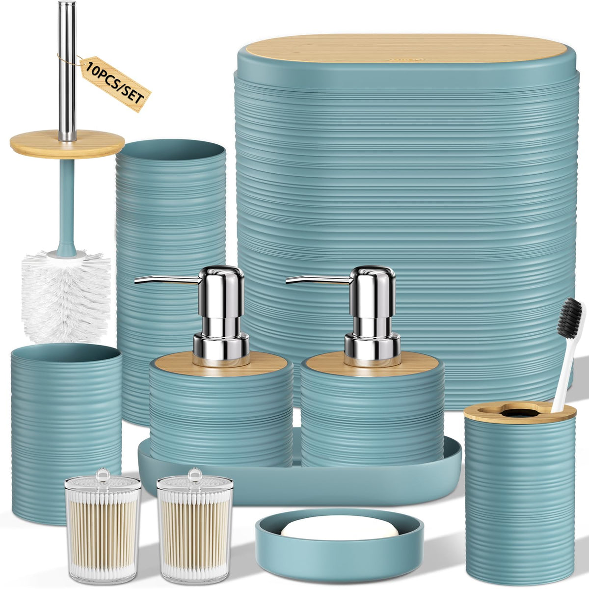 XLHOMO White Bathroom Set, White Bathroom Accessories Set with Trash Can, 2PCS Soap Dispensers, Soap Dish, Toothbrush Holder, Toothbrush Cup,Toilet Brush, Tray and Qtip Holders for Bathroom Decor