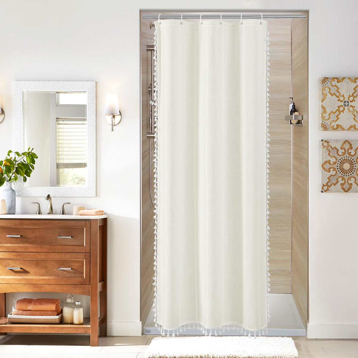 Boho Farmhouse Tassel Linen Shower Curtain,3D Embroidery Stripe Blue,72x72