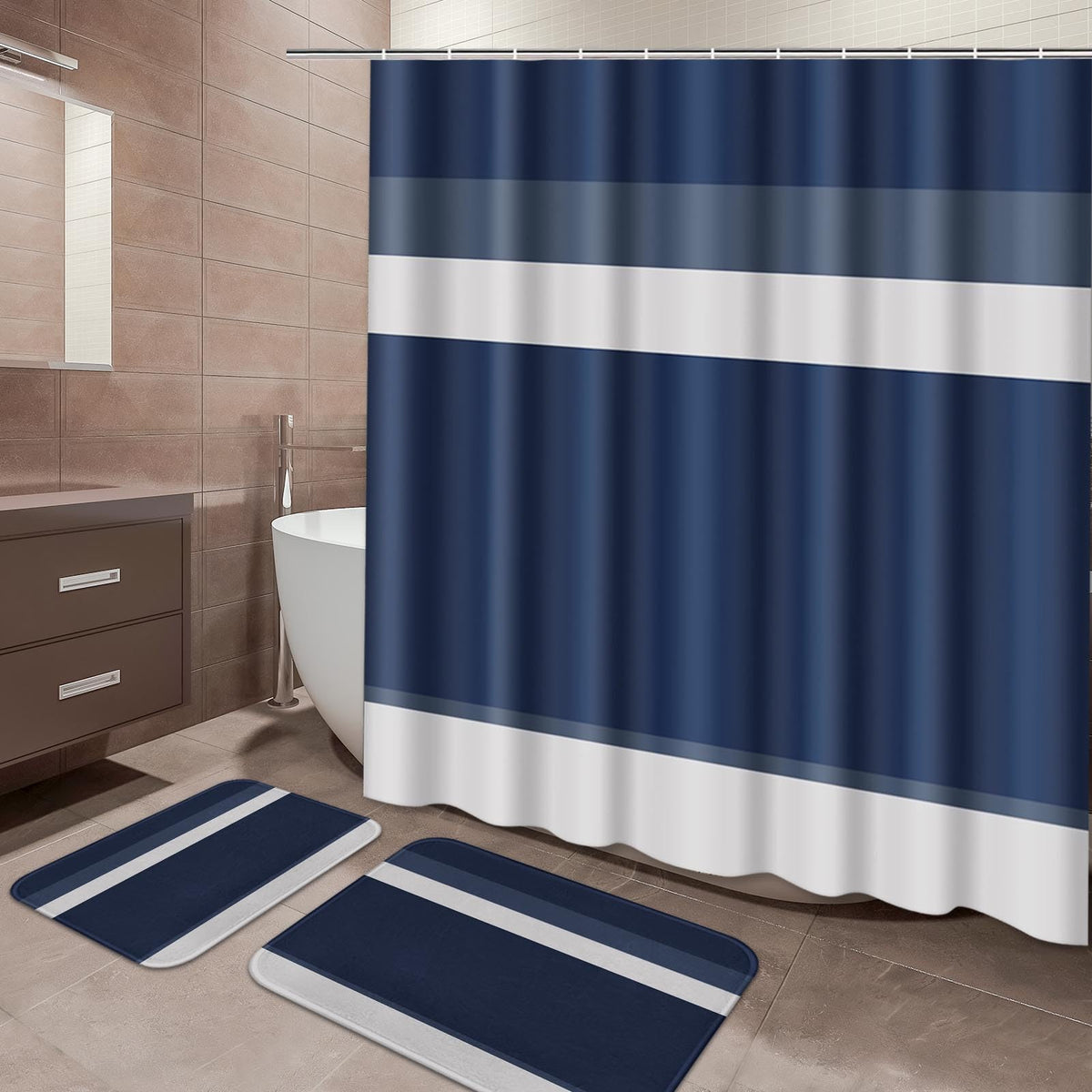 ArtSocket Bathroom Set of 3, Shower Curtain and Bath Rugs Beige Striped