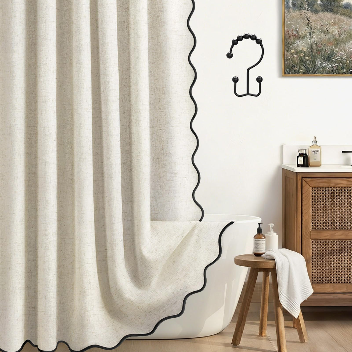 Scalloped Shower Curtain Linen Boho Beige 72" W x 72" L