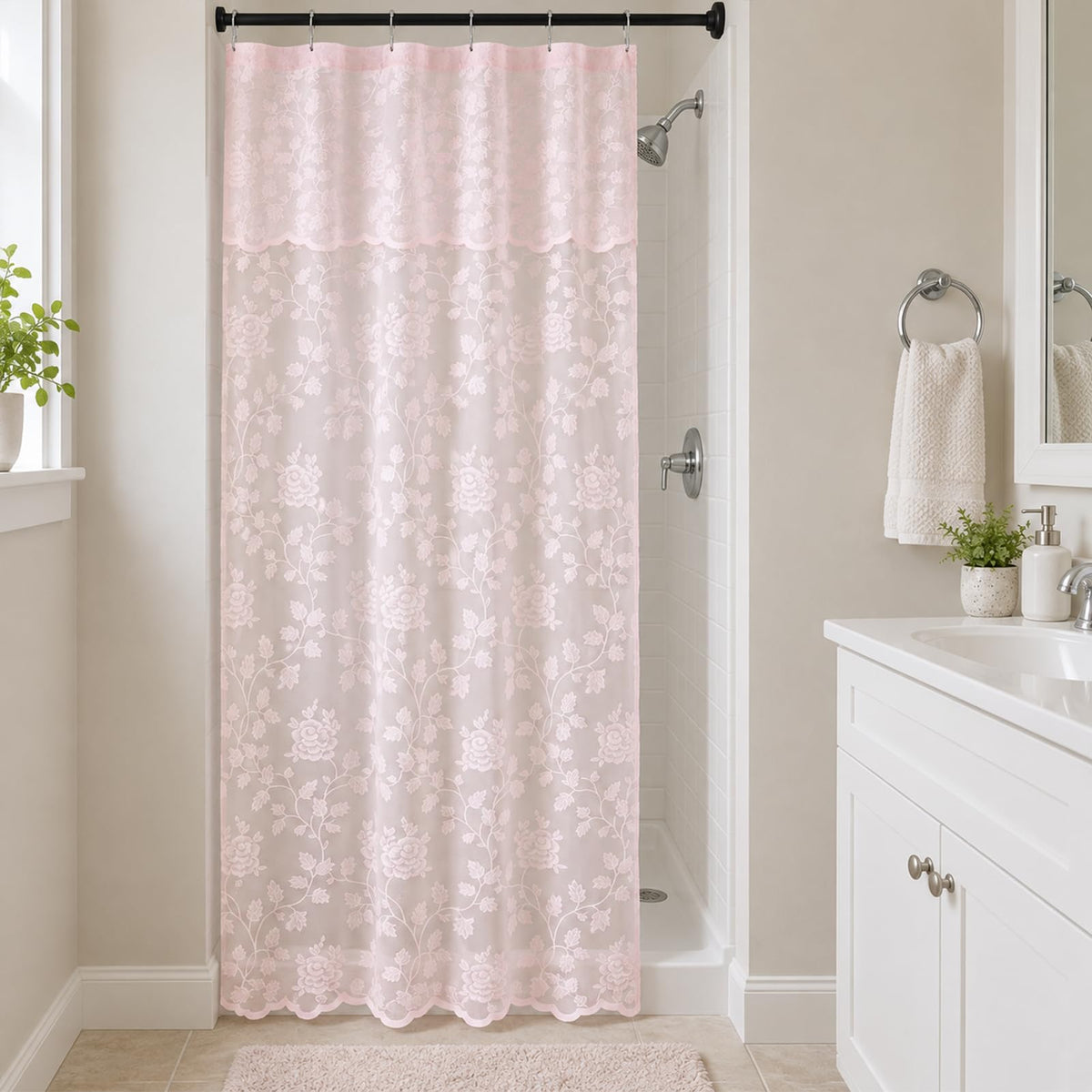 Black Lace Shower Curtain with Attached Valance, 72 x 72 Inch, 1 Panel