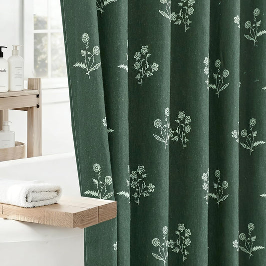 ORTIGIA Linen Shower Curtain 72 W x 84 L Farmhouse Vintage Dark Green Floral Long Shower Curtains Boho Rustic Block Print Cottagecore Decor for Bathroom