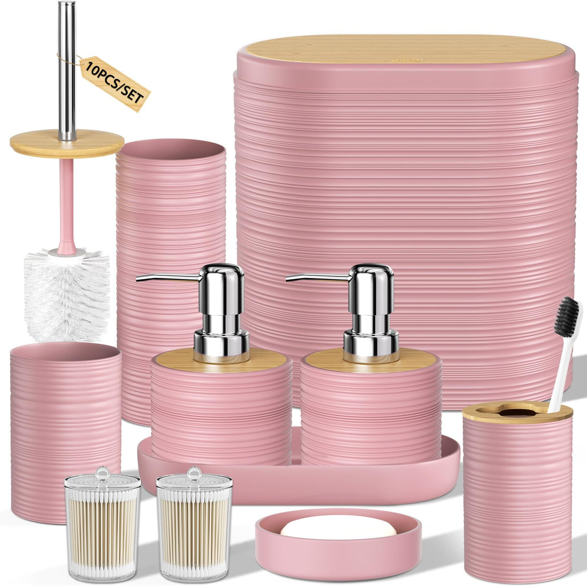 XLHOMO White Bathroom Set, White Bathroom Accessories Set with Trash Can, 2PCS Soap Dispensers, Soap Dish, Toothbrush Holder, Toothbrush Cup,Toilet Brush, Tray and Qtip Holders for Bathroom Decor