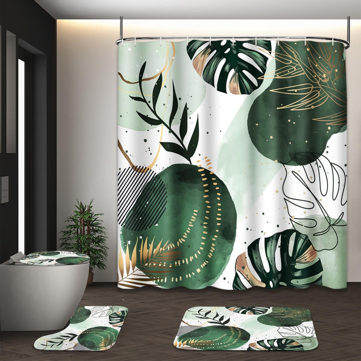 Bathroom Sets with Shower Curtain and Rugs, Set of 4, Boho Sage