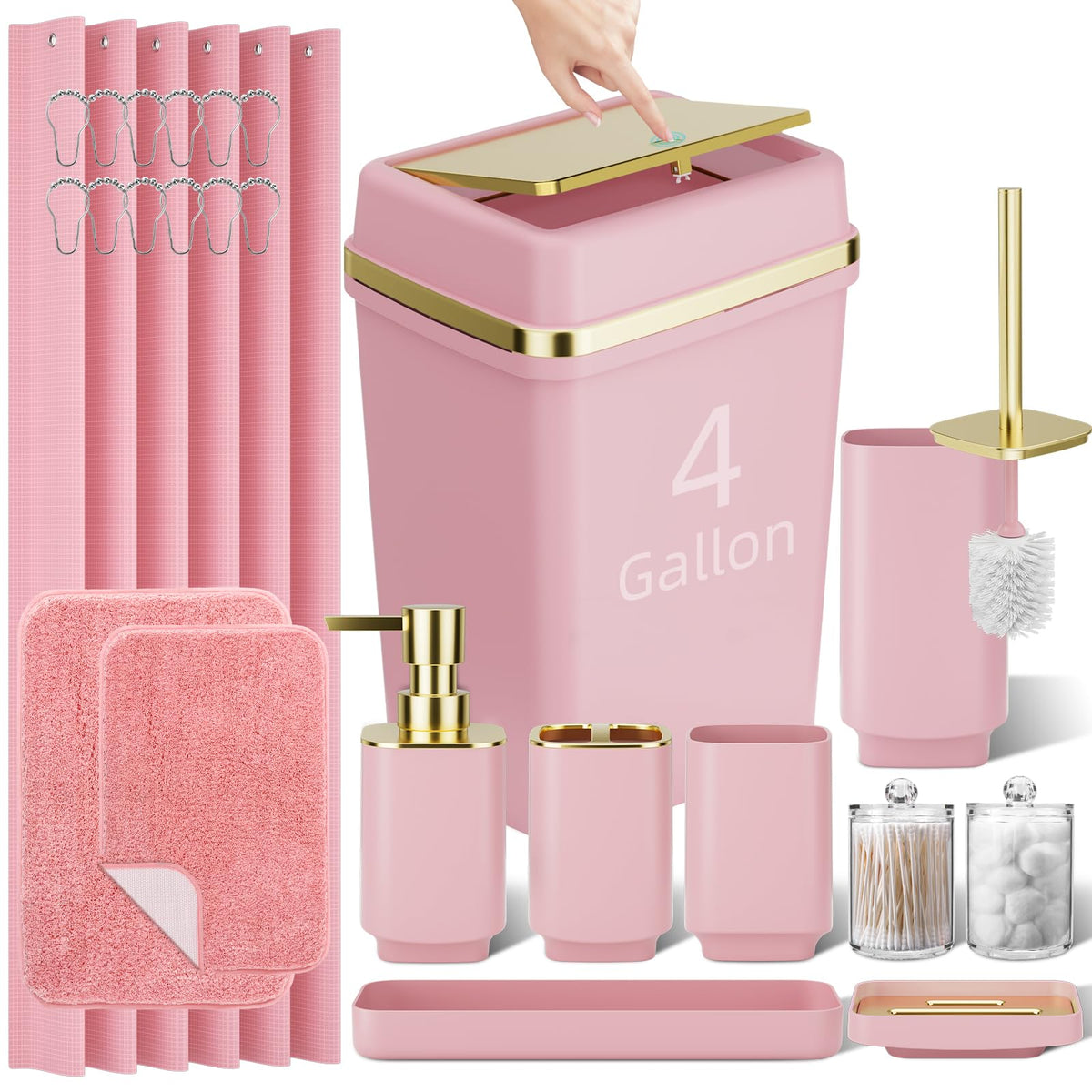 Pink Bathroom Set, 9-Piece Accessories with 4-Gallon Swing-Top Trash Can