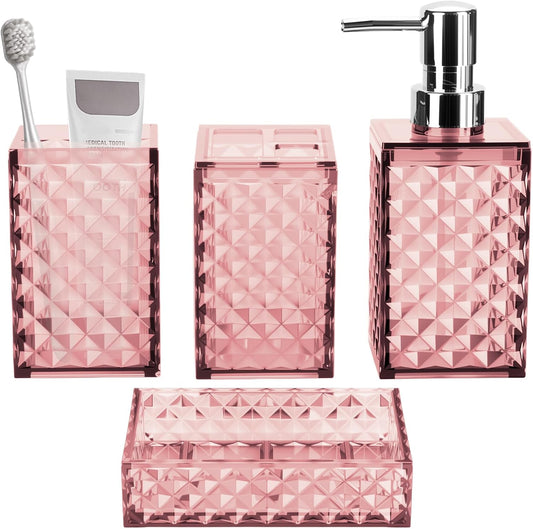 Bathroom Accessory Set, Grid Pattern 4 Pcs Plastic Bathroom Set, Pink