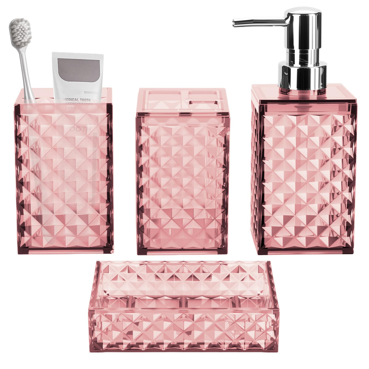 Bathroom Accessory Set, Grid Pattern 4 Pcs Plastic Bathroom Set, Pink