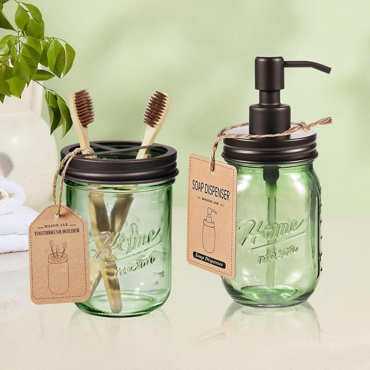 Amolliar Mason Jar Bathroom Accessories Set, 4 Pcs Green Glass Bathroom Set