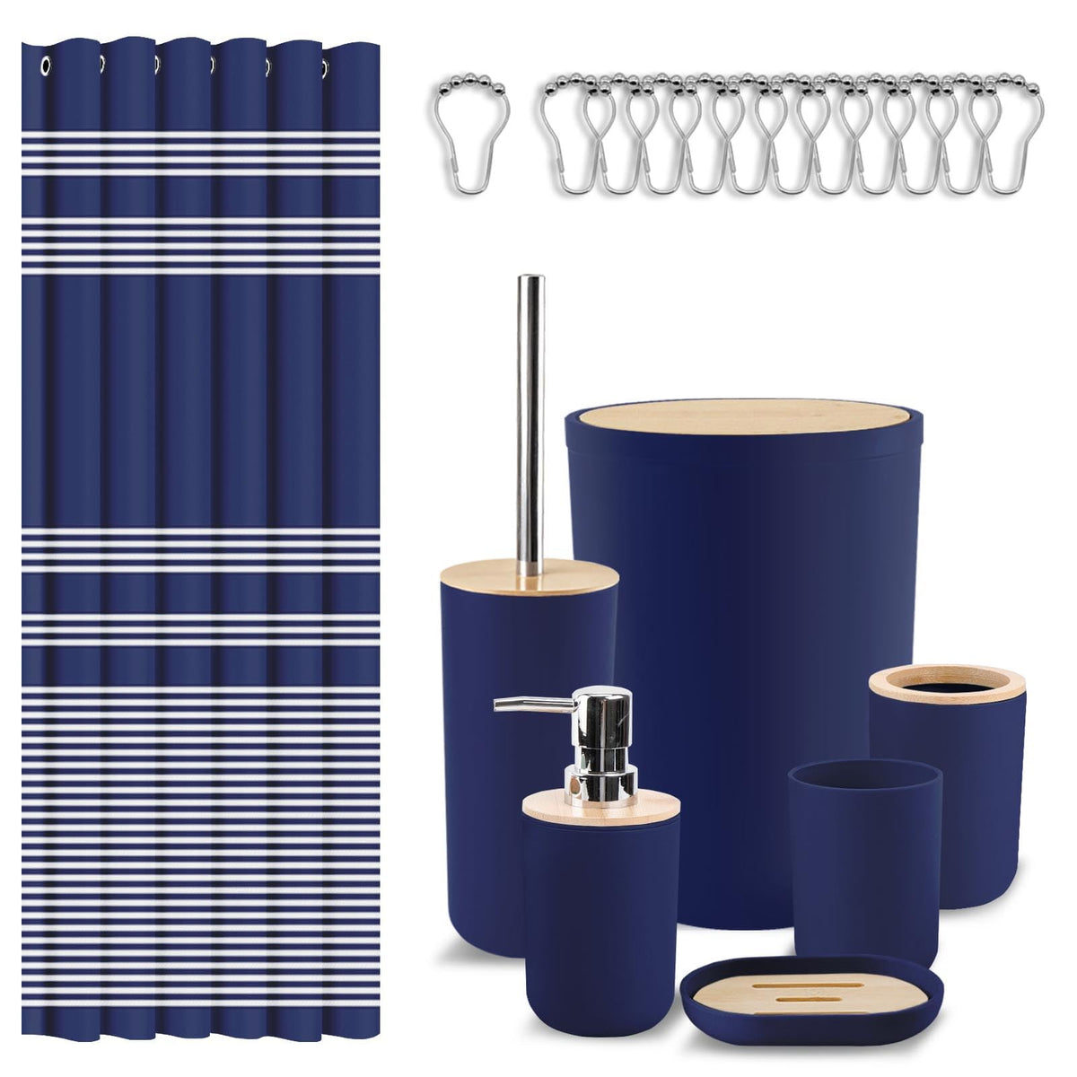 Britimes 7 Pack Bathroom Accessories Set, Shower Curtain Set, Black Striped
