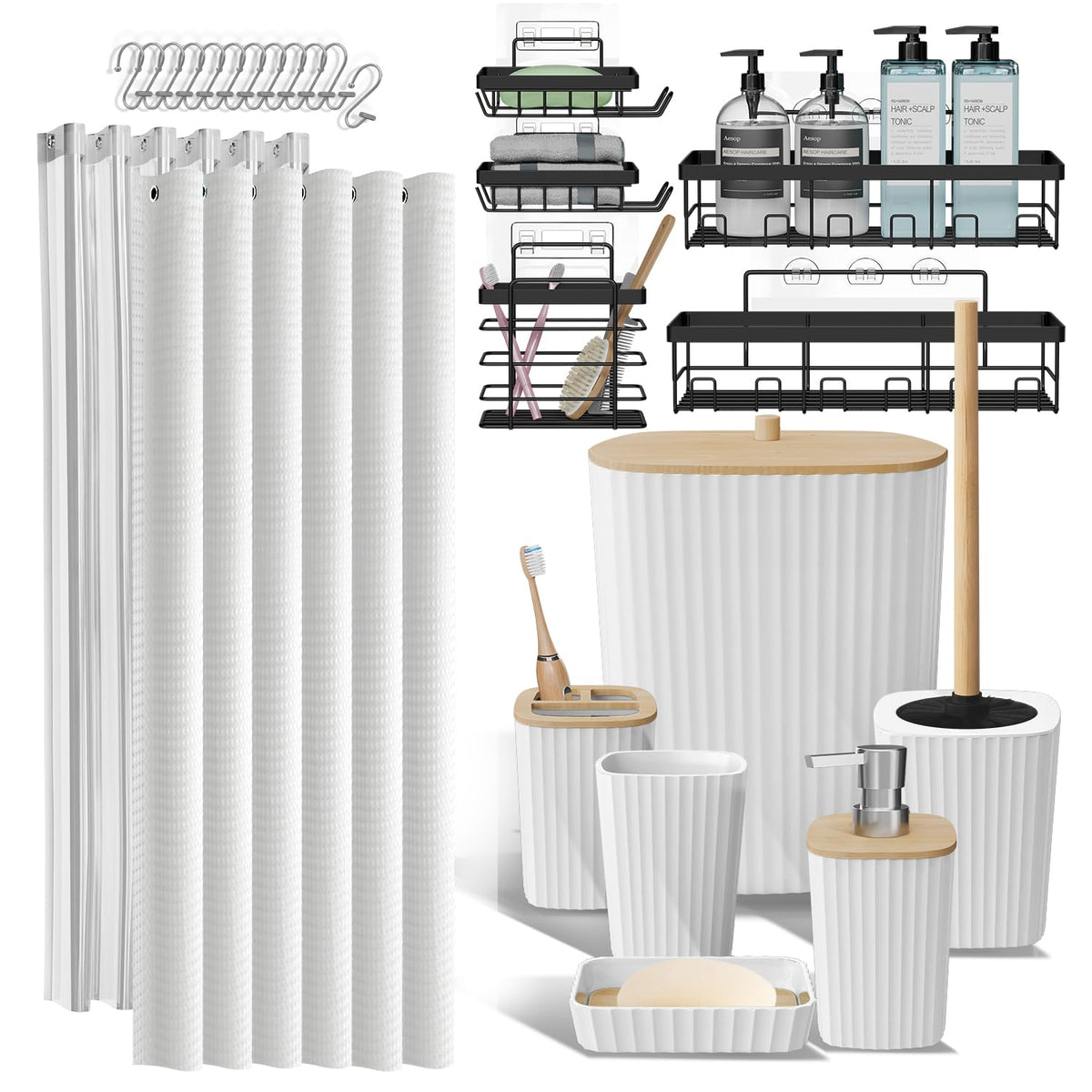 Clara Clark Black Bathroom Set, Shower Curtain Set, Bathroom Accessory Set