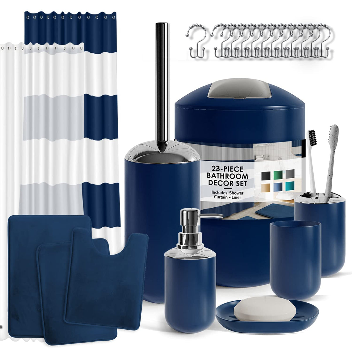Clara Clark Bathroom Set - Navy Bathroom Accessories Set, 20PC Bathroom Accessory Set, Shower Curtain Set with Liner, Toothbrush Holder, Soap Dispenser, Soap Dish, Toilet Brush Holder, and Trash Can