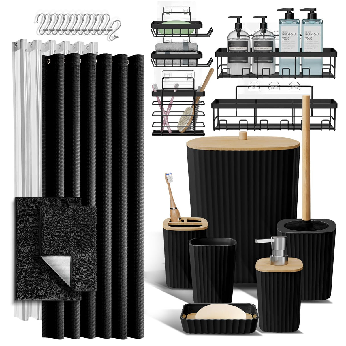 Clara Clark Black Bathroom Set, Shower Curtain Set, Bathroom Accessory Set