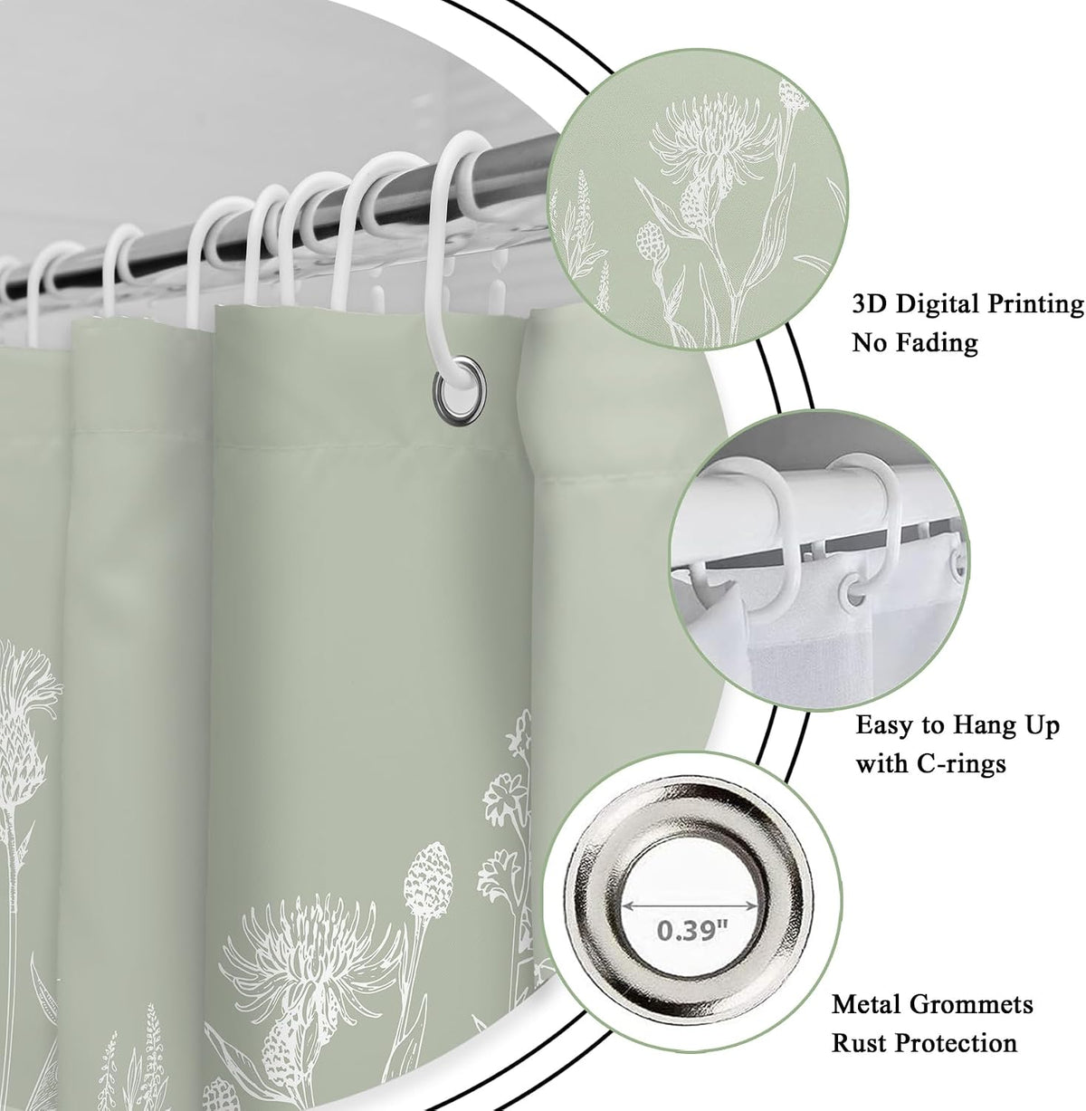 Sage Green Floral Wildflower Plant Herbs Nature Bathroom Shower Curtain Set