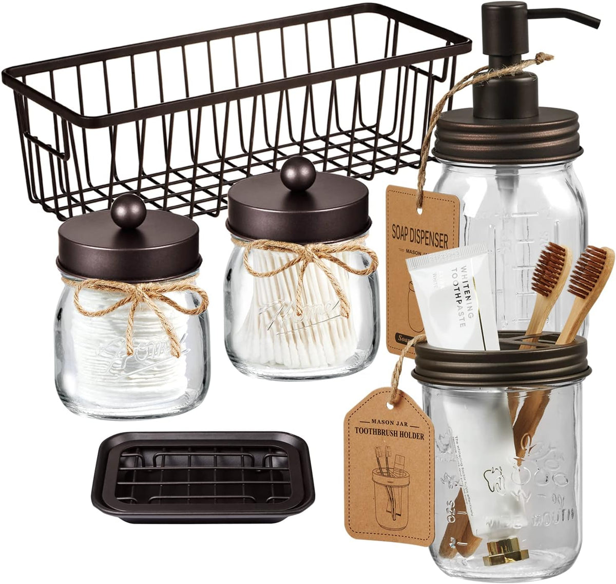 SheeChung Mason Jar Bathroom Accessories Set,6Pcs Rustic Bathroom Set,Brown