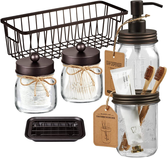 SheeChung Mason Jar Bathroom Accessories Set,6Pcs Rustic Bathroom Set,Brown
