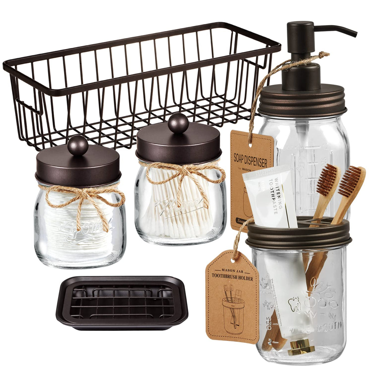 SheeChung Mason Jar Bathroom Accessories Set,6Pcs Rustic Bathroom Set,Brown